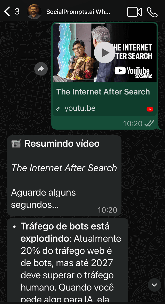 Exemplo de resumo de vídeo no WhatsApp